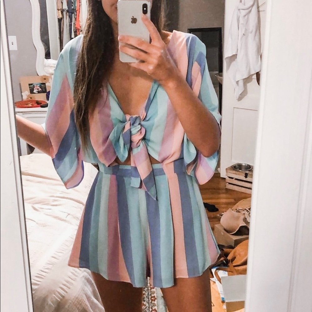 Buddy Love Pastel Striped Tie-Front Romper in Mint, Pink, Lavender